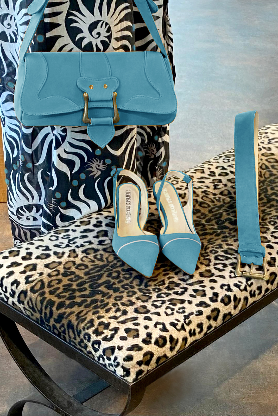 Peacock blue and light silver women's slingback shoes. Pointed toe. Medium spool heels. Worn view - Florence KOOIJMAN